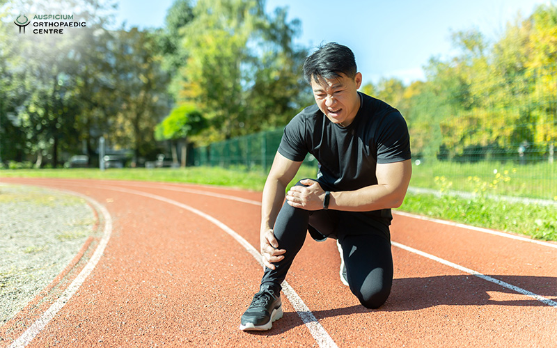 Person in black athletic wear kneeling on a red track, holding lower leg in pain at an outdoor sports facility.